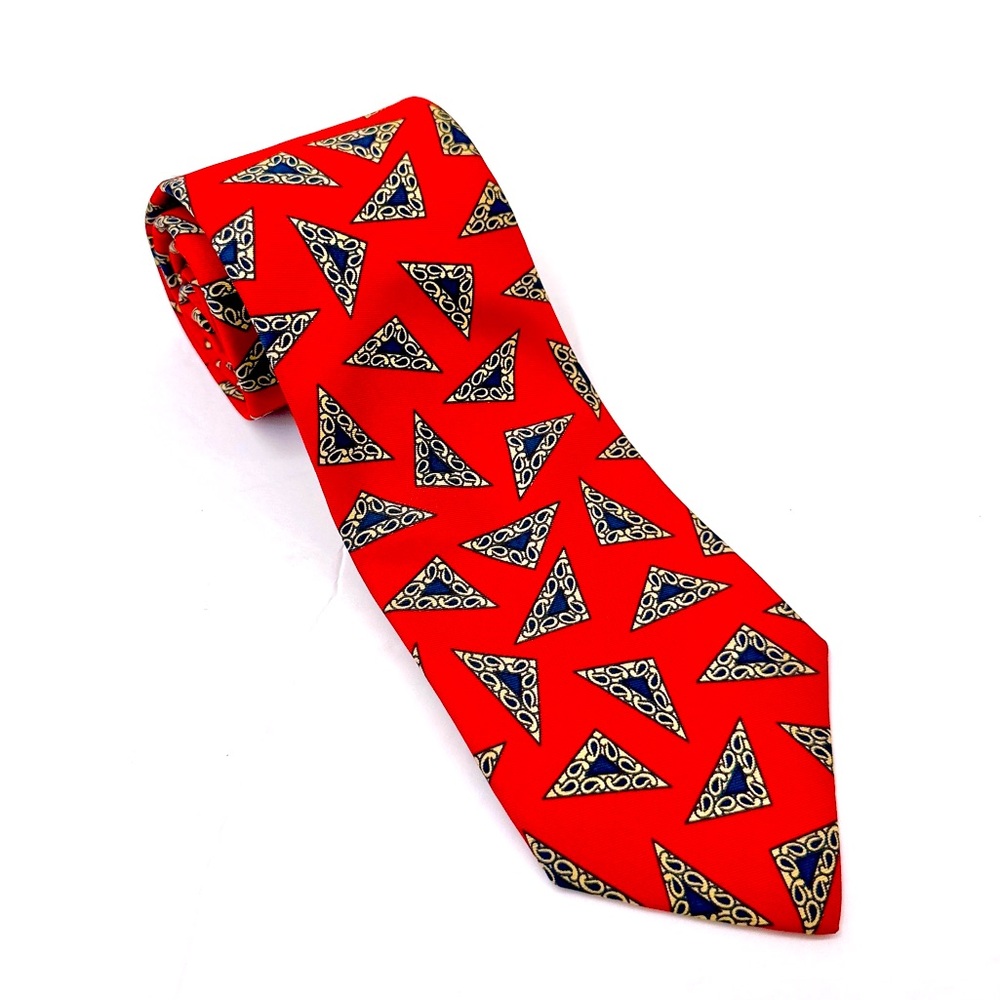 Vintage Burberry 100% Silk NeckTie Red Geometric Print Tie Hand Sew 3.5” Inch.
